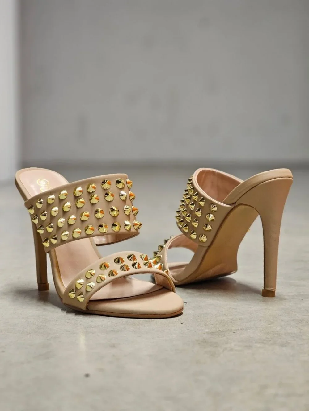 Studded Taupe High-Heel Sandals With Gold Accents & Open Toe Design
